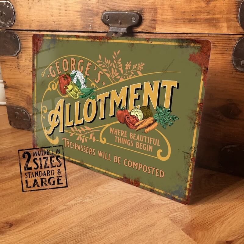 Personalised Allotment Sign Gift Personalised allotment sign for vegetable patch or garden shed, vintage metal plaque gift idea.